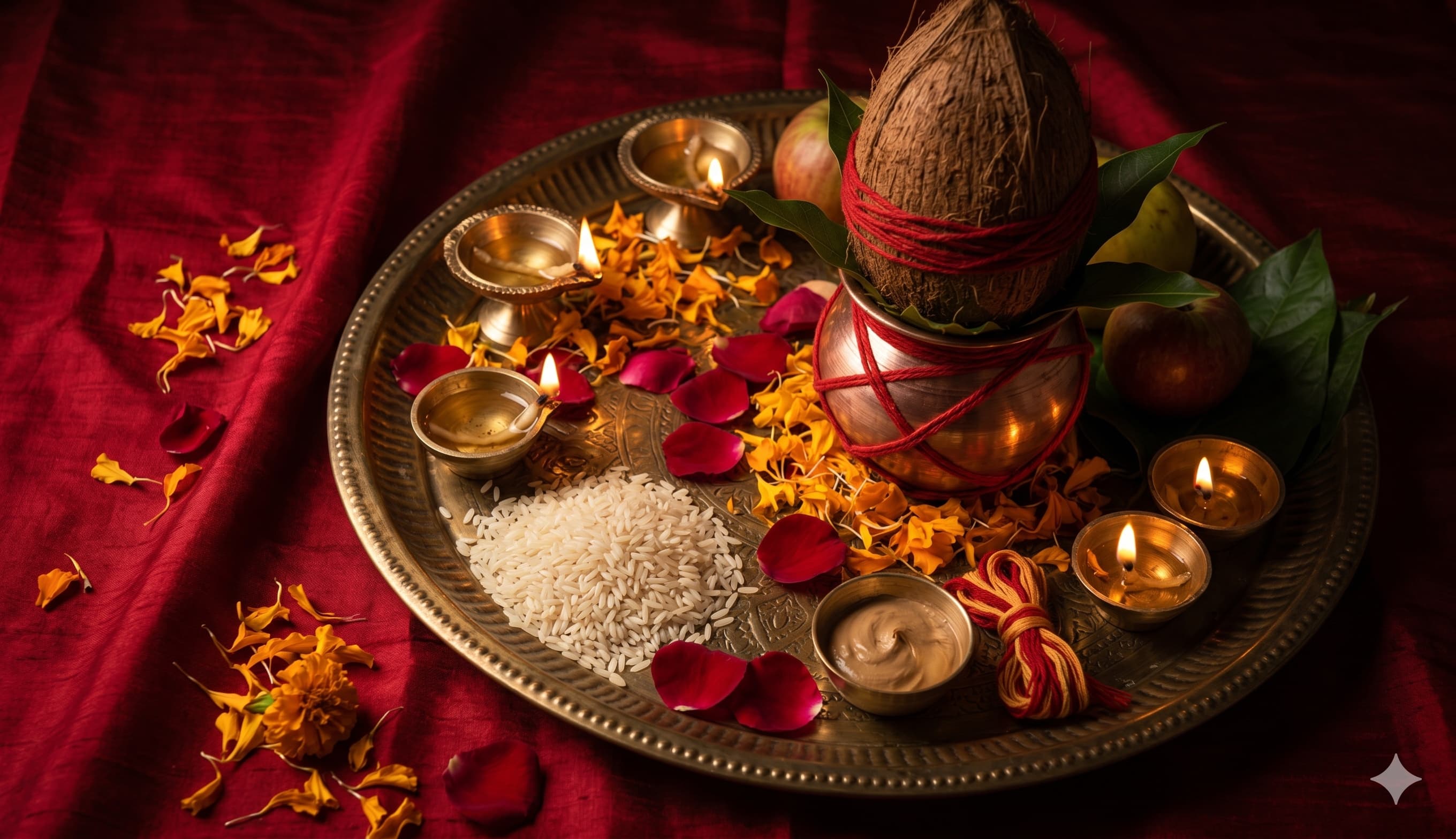 A traditional brass aarti thali arranged with a kalash topped with coconut wrapped in red mauli thread, mango leaves, marigold flowers, rose petals, multiple lit diyas, vermillion, turmeric, raw rice, and fruit — set on a deep crimson silk cloth.