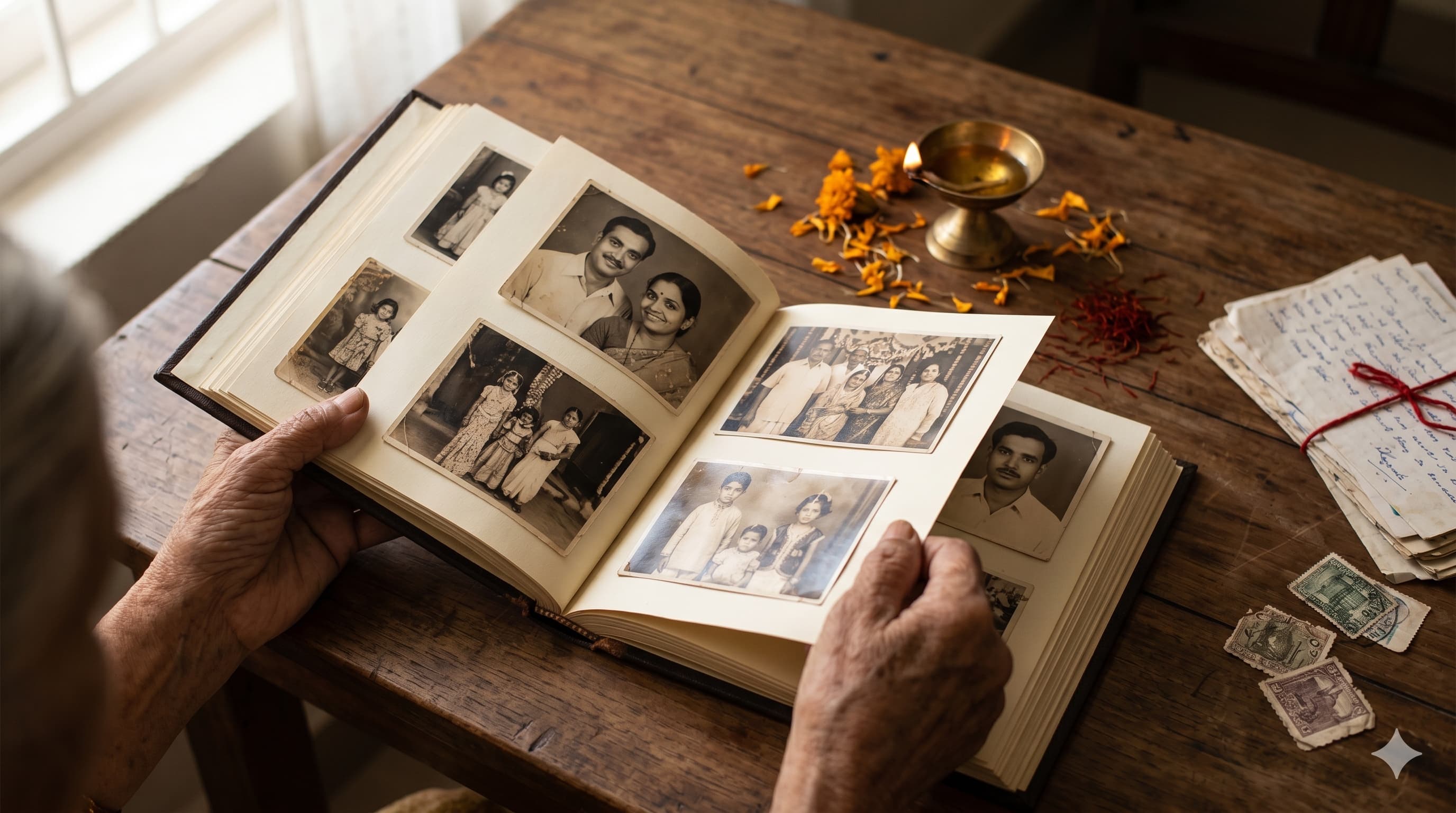 An elder's hands turning the pages of an old leather-bound family photo album filled with sepia-toned Aggarwal family portraits from multiple generations, alongside marigold petals, a brass diya lamp, and handwritten letters bound with red string.