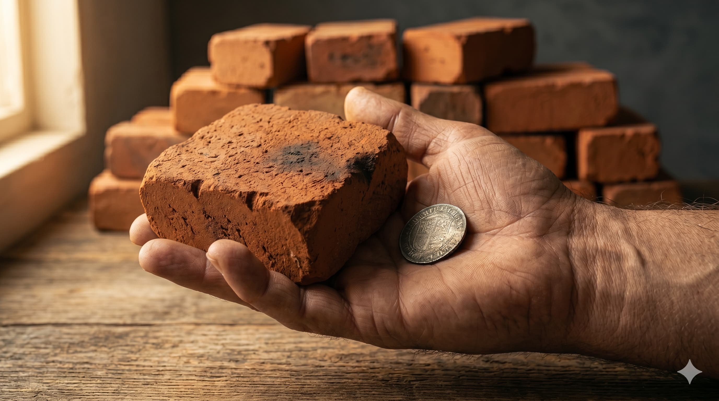 A weathered human hand holding a single red clay brick alongside a single antique silver coin, with a stack of additional bricks blurred in the background — symbolising Maharaja Agrasen's founding principle of Ek Iint, Ek Rupaya.