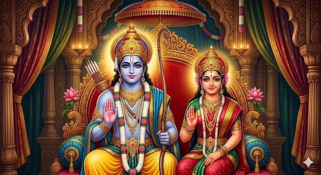 Close-up devotional portrait of Lord Ram and Mata Sita seated together on the carved golden royal throne of Ayodhya, both raising their right hand in the abhaya mudra (blessing), beneath a tasselled royal parasol with hanging brass lamps flanking the throne.