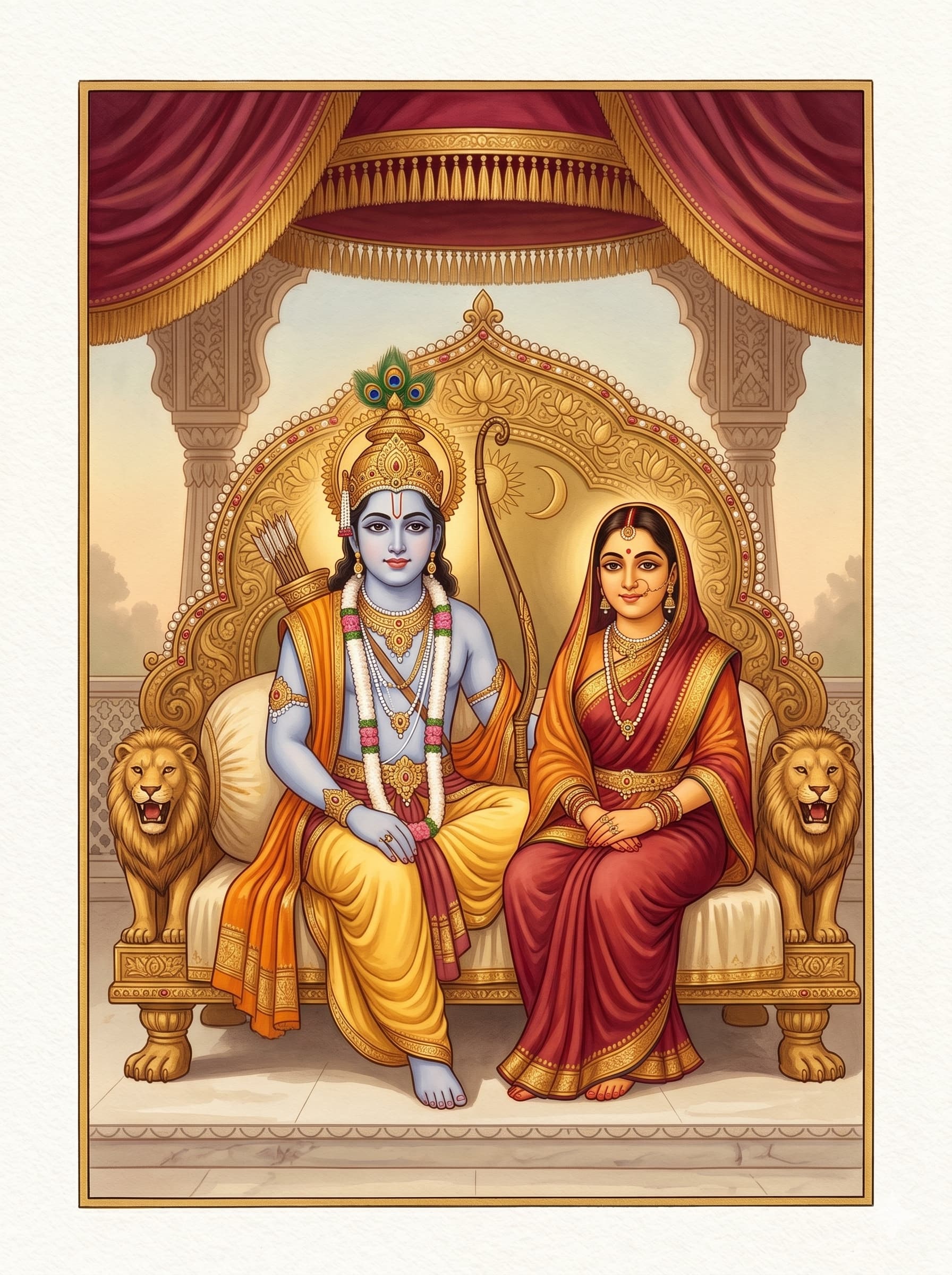 Lord Ram and Mata Sita seated together on the carved golden royal throne of Ayodhya, flanked by lion-head armrests, beneath a deep crimson tasselled canopy, painted in the visual tradition of classical Indian poster art.