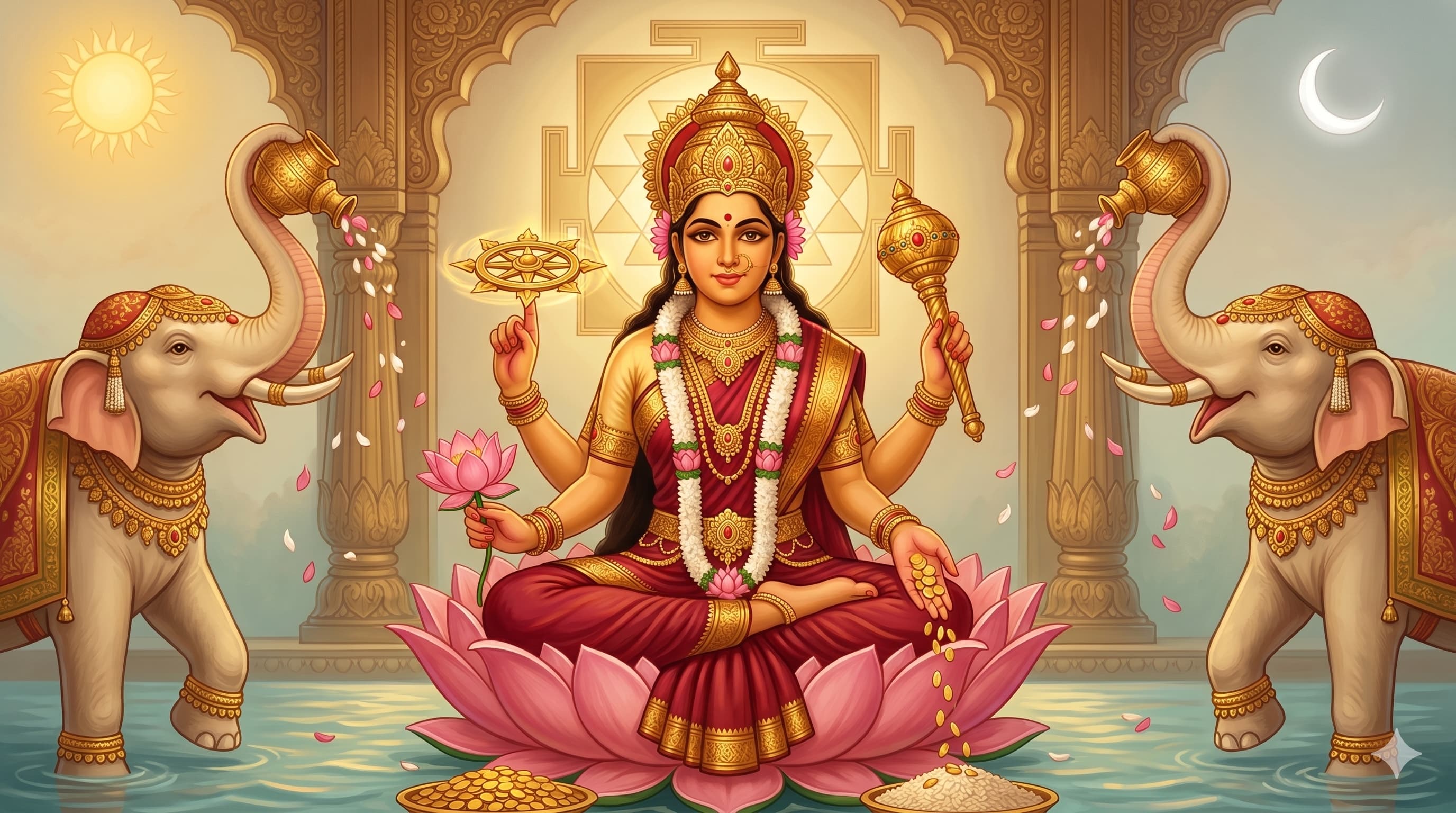 Devotional portrait of Devi Maa Adya Mahalakshmi seated upon a pink lotus throne, four-armed in her primordial form. Her upper right hand holds the Sudarshan Chakra and her upper left hand holds the Gada (mace) — the Vaishnavi weapons that distinguish the Adya form as the protector of dharma. Her lower right hand holds a pink lotus; her lower left pours gold coins. Two Gaja-Lakshmi elephants flank her, lifting golden kalashes in abhishekam beneath a Sri Yantra background, sun and moon at the upper corners.