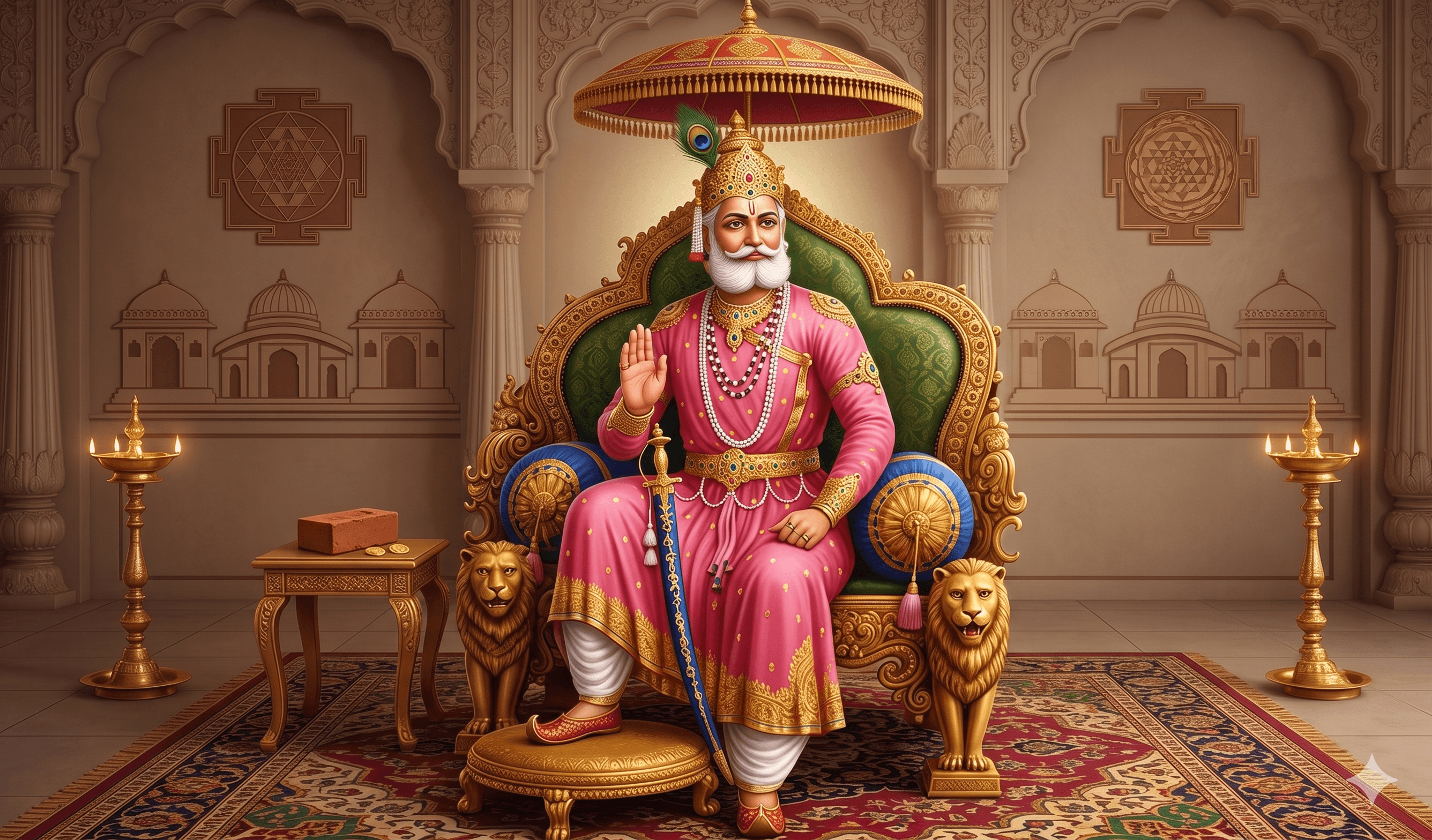 Portrait of Maharaja Agrasen seated on a golden lion throne in a pink and gold darbar, white beard, royal chatri overhead, right hand raised in abhaya mudra, with a clay brick and gold coin on a side table.