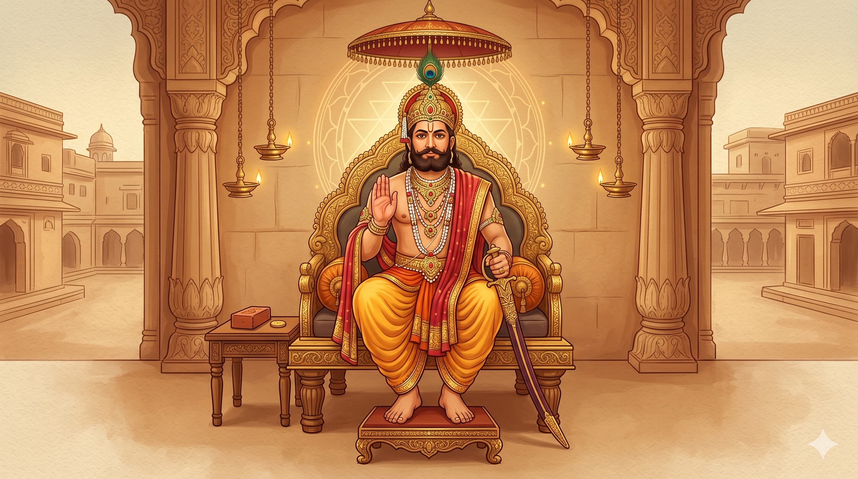 Portrait of Maharaja Agrasen seated on his royal throne, right hand raised in abhaya mudra blessing, left hand resting on his sheathed sword, with a clay brick and gold coin on a side table symbolising his Ek Iint Ek Rupaya principle.