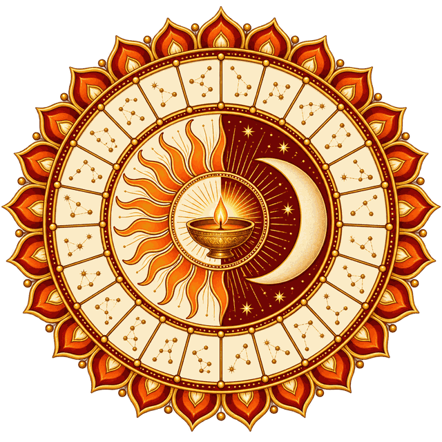 Panchang emblem: a round wheel of small star-cluster segments around a radiant saffron sun on one half and a cream crescent moon on a deep red sky on the other, with a lit brass diya at the centre and a ring of red and gold lotus petals outside.