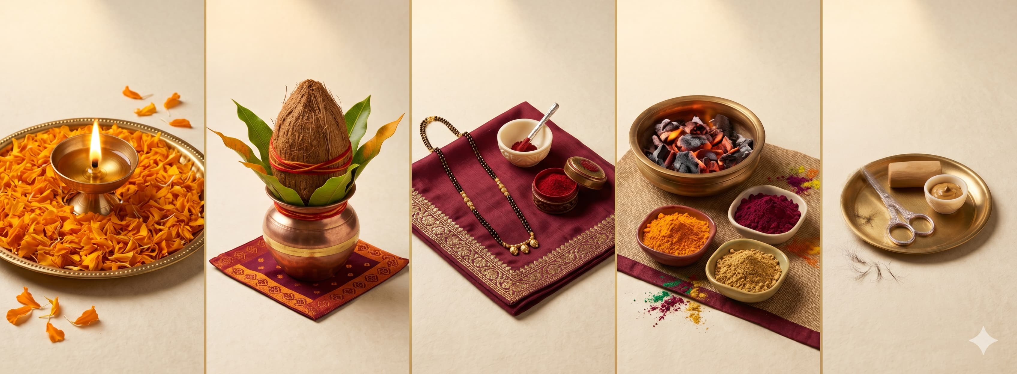 An editorial five-panel composition of traditional Hindu pooja samagri — a marigold-strewn brass plate with diya, a kalash with coconut and mango leaves, mauli thread with vermillion paste, brass bowls of dried flowers and spices, and a brass plate with prayer beads — all arranged on a soft cream backdrop with crimson silk accents.