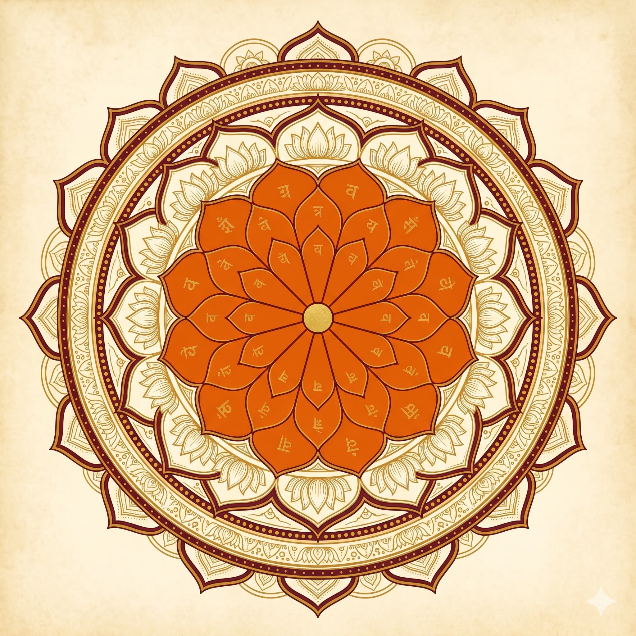 A traditional saffron and gold mandala on parchment, with concentric rings of lotus petals and Sanskrit bija mantras radiating from a central lotus — a decorative motif representing the eighteen Aggarwal gotras descended from Maharaja Agrasen.
