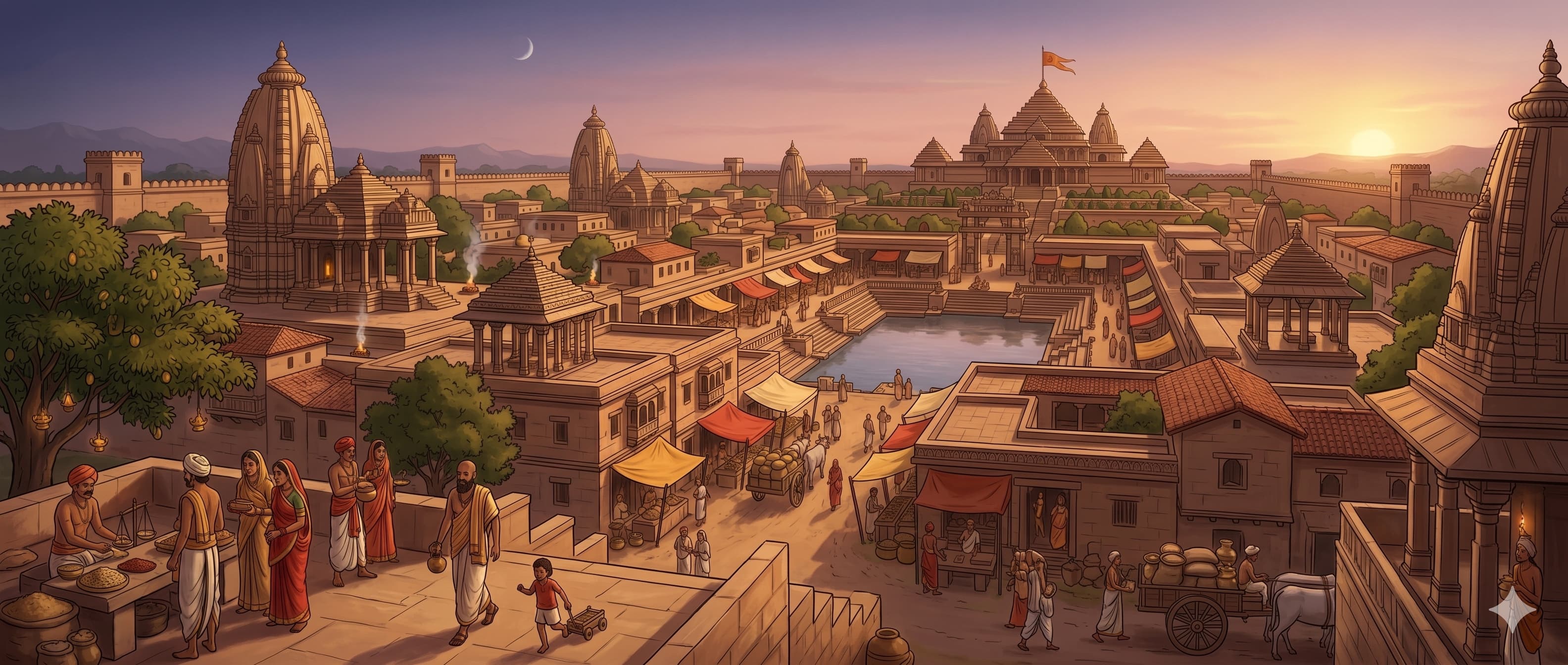A panoramic dusk view of the ancient Hindu kingdom of Agroha at the height of its prosperity, with multiple Nagara-style shikhara temple towers, a central sacred bathing tank, sandstone marketplaces, and citizens in classical Indian attire under a saffron evening sky.