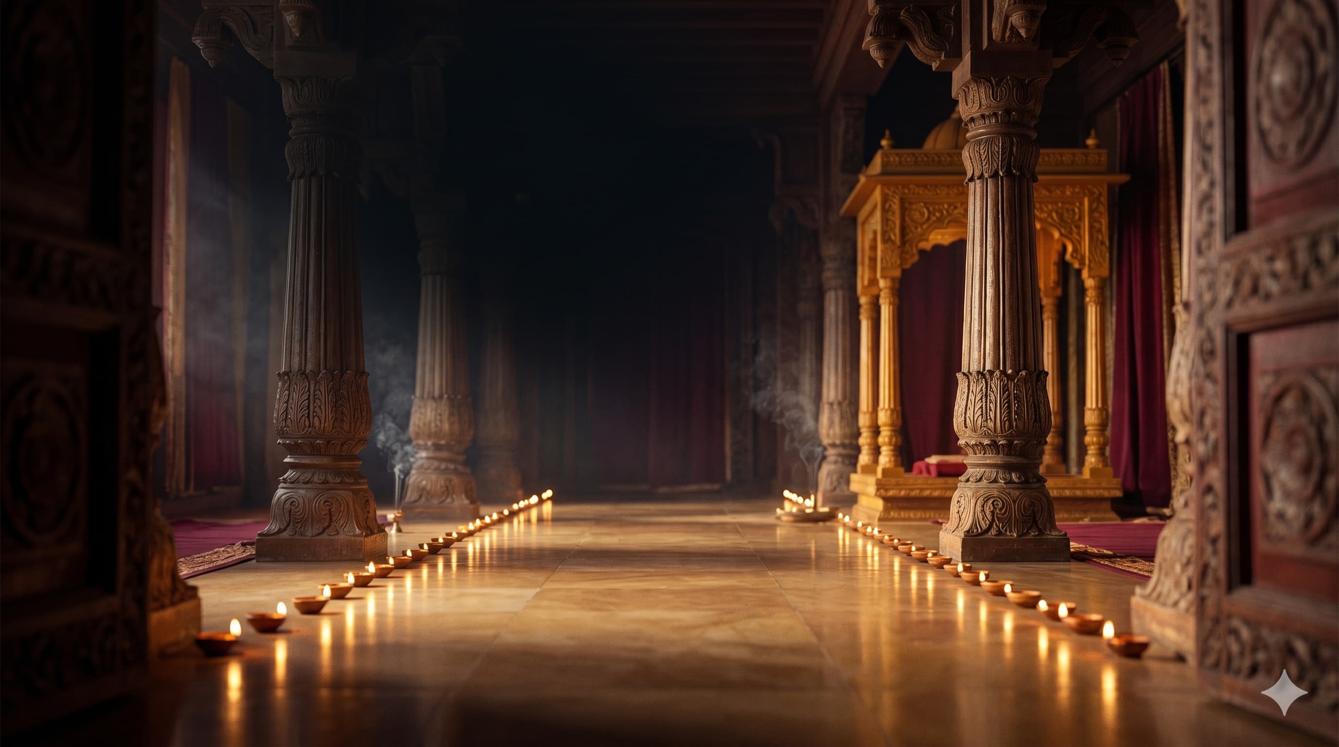 A long stone temple corridor flanked by two rows of carved sandstone pillars, with hundreds of small clay diyas glowing along the floor and creating a soft golden pathway into the temple's inner sanctum.